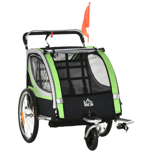 Two-In-One Child Bike Trailer Two-Seat Stroller w/ Brake Reflector Flag HOMCOM