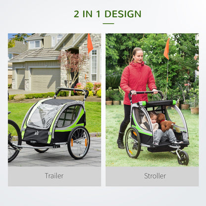 Two-In-One Child Bike Trailer Two-Seat Stroller w/ Brake Reflector Flag HOMCOM