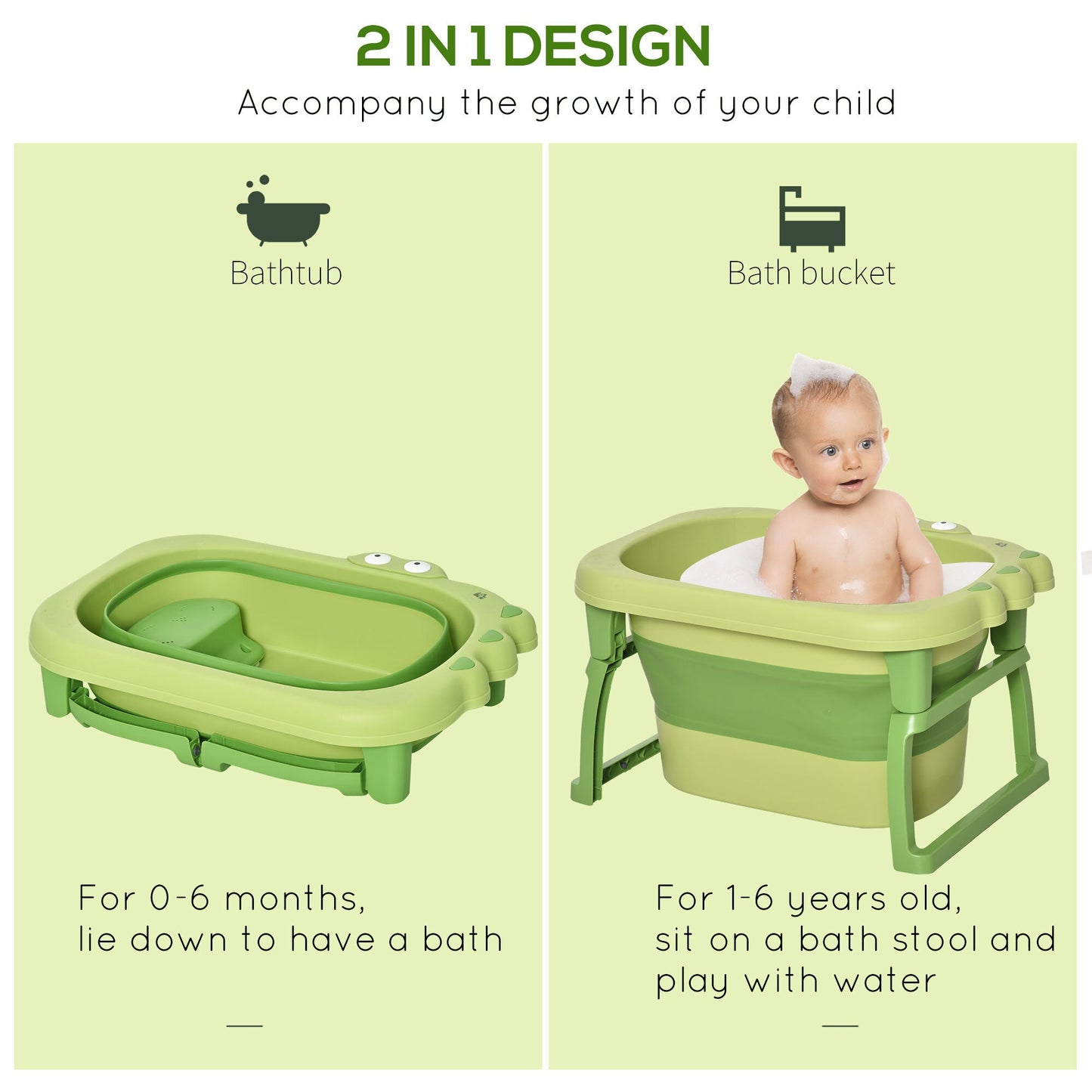 Foldable Baby Bathtub for Newborns Infants Toddlers w/ Stool - Green