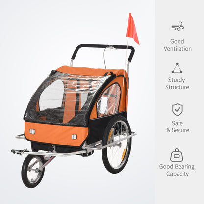 Child Trailer Bike Bicycle for Kids 2 Seater Pivot Wheel Steel Orange HOMCOM