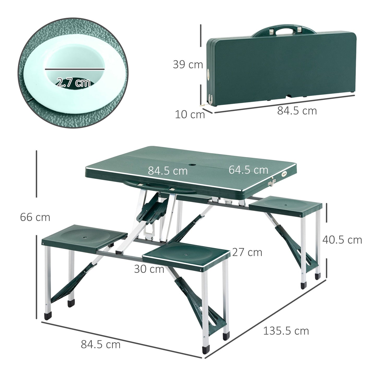 Picnic Table Chair Set 4 Seat Aluminium PP W/ 2.7cm Umbrella Hole