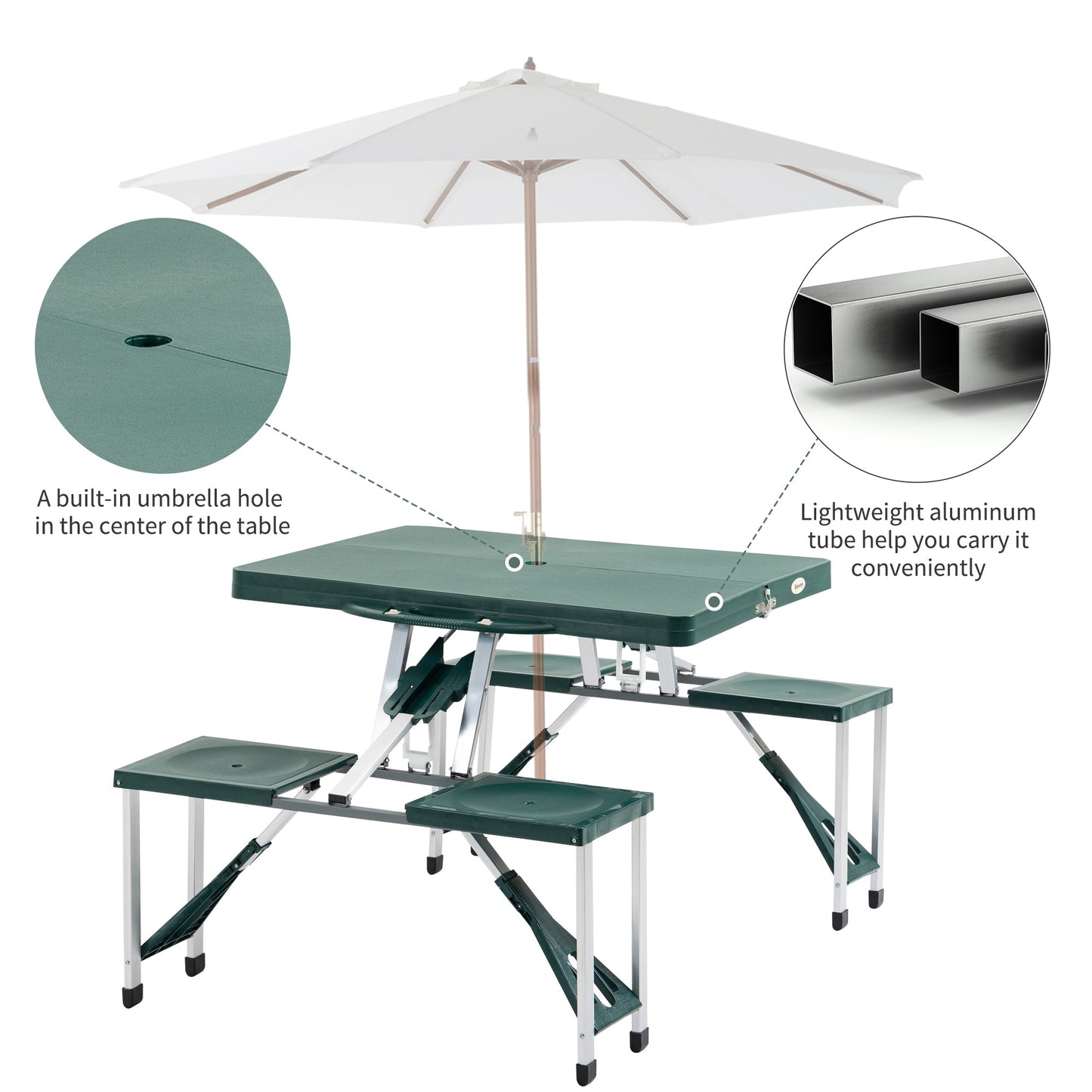 Picnic Table Chair Set 4 Seat Aluminium PP W/ 2.7cm Umbrella Hole