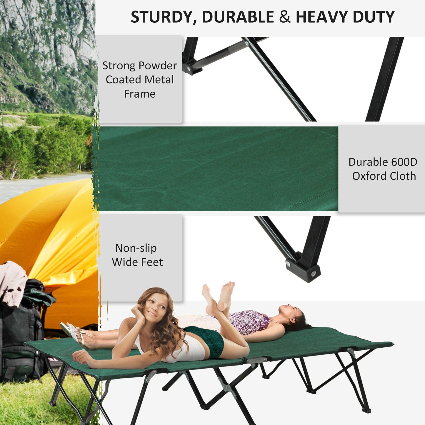 Double Camping Folding Cot Outdoor Portable Sunbed Carry Bag, Green Outsunny