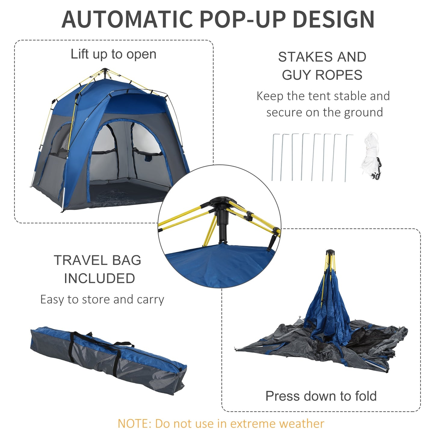 Four Man Pop Up Tent Automatic Camping Backpacking Dome Shelter, Grey Outsunny
