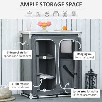 Outdoor Aluminum 3-shelf Camping Cupboard Kitchen Station Cook Table Outsunny
