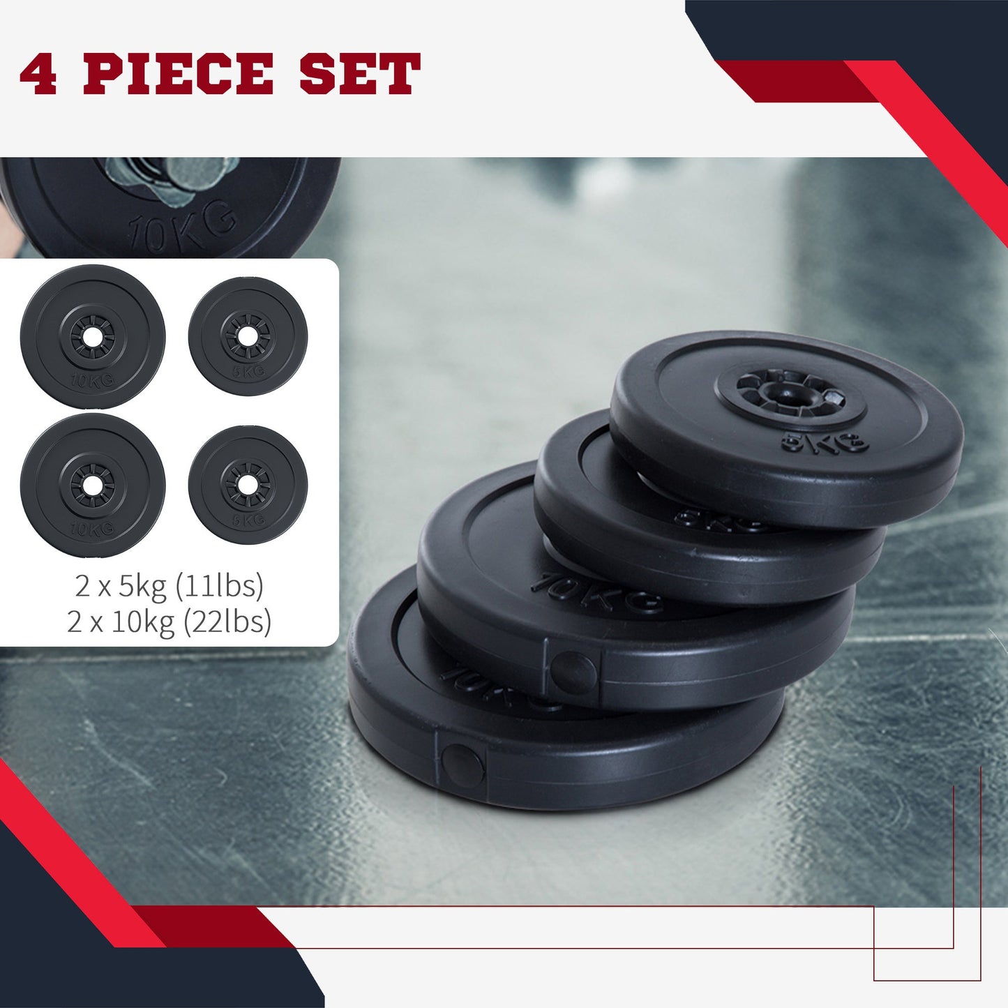 4 Piece Dumbell Barbell Plate Set 2 x 5kg and 2 x 10kg for Home Gym HOMCOM