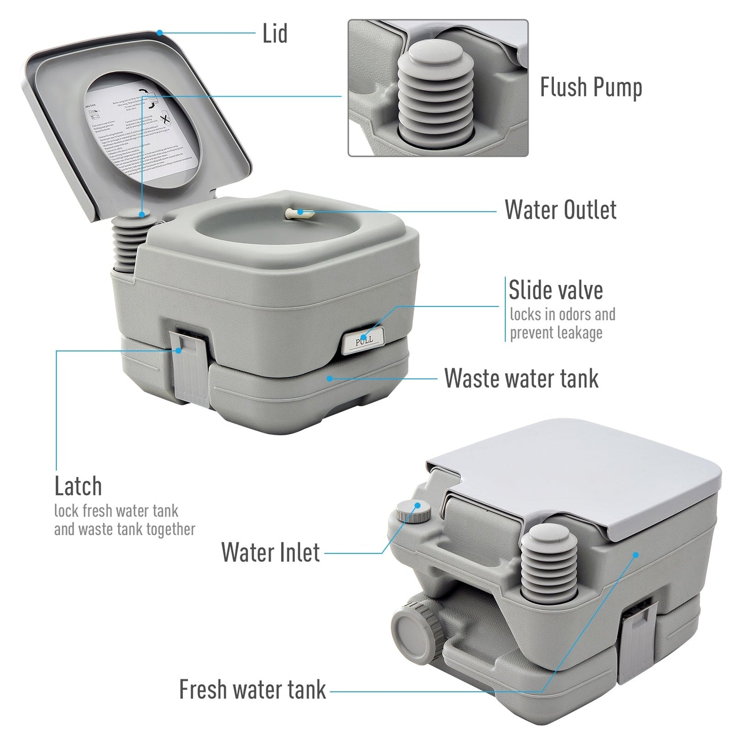 10L Portable Travel Toilet Outdoor Camping with 2 Detachable Tanks Grey HOMCOM