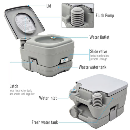10L Portable Travel Toilet Outdoor Camping with 2 Detachable Tanks Grey HOMCOM