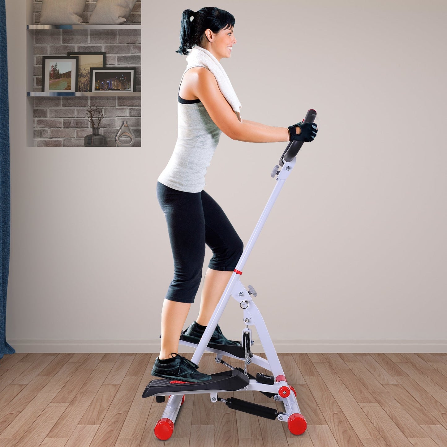 Foldable Stepper Adjustable Step Machine w/ Handlebar LCD Display, Red HOMCOM