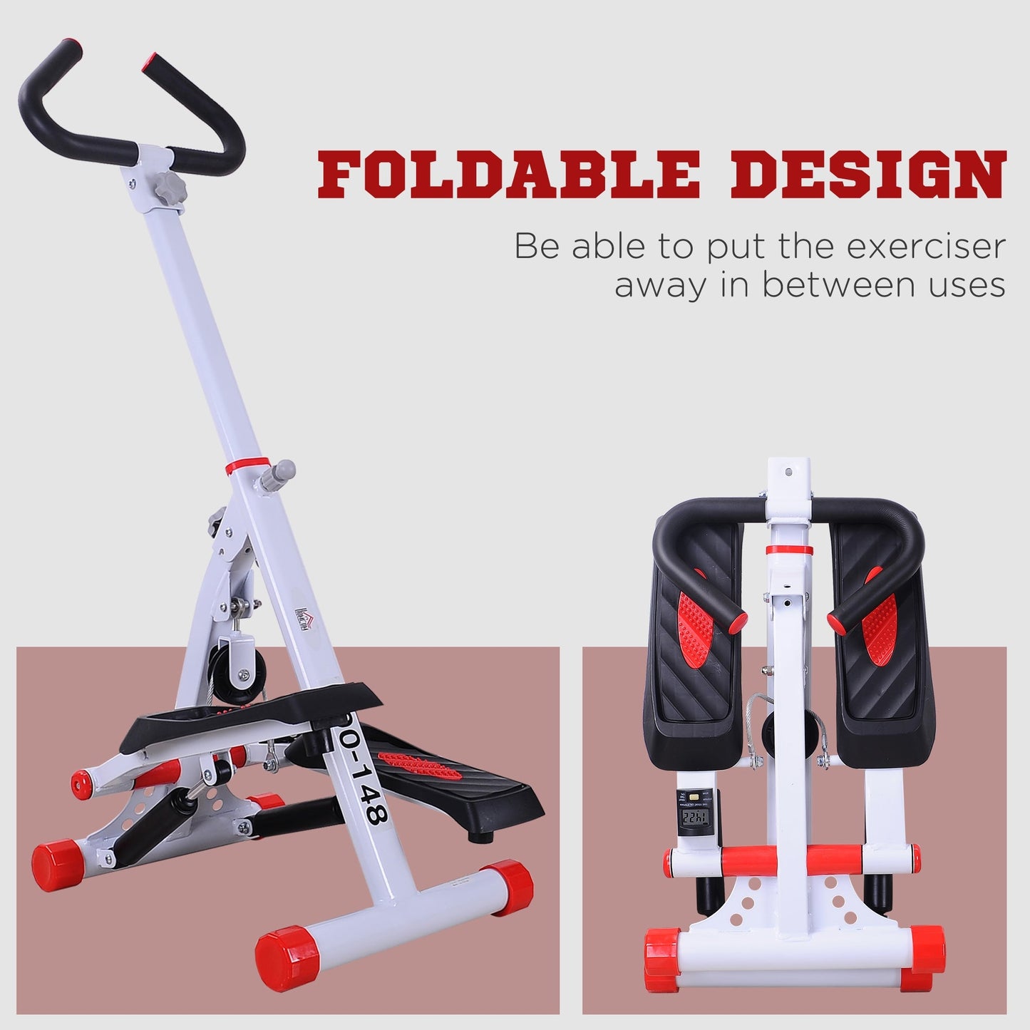 Foldable Stepper Adjustable Step Machine w/ Handlebar LCD Display, Red HOMCOM