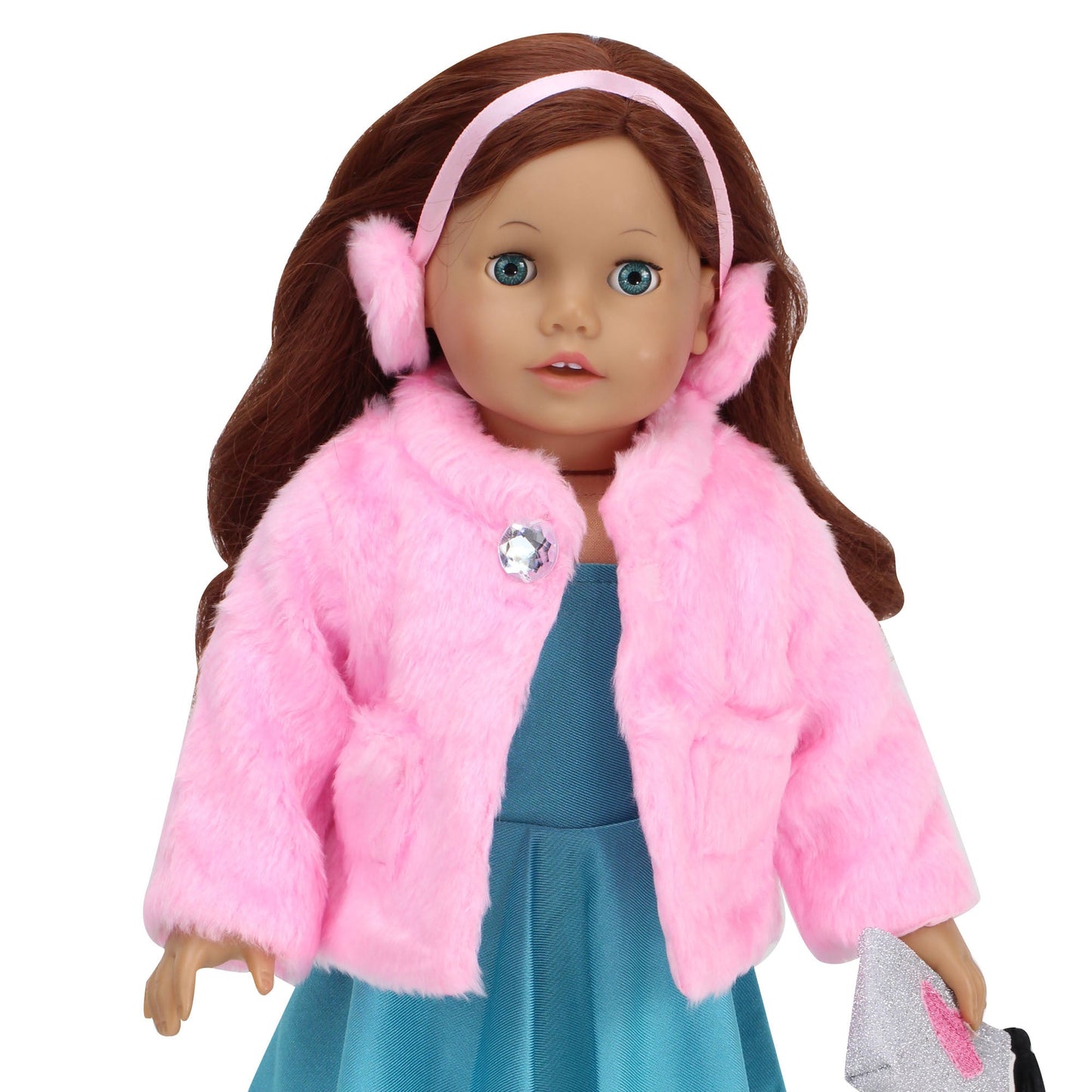 2 Piece Baby Doll Pink Fur Coat and Earmuffs Outfit, 18 Inch Doll Clothes Set
