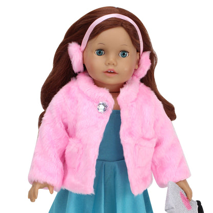 2 Piece Baby Doll Pink Fur Coat and Earmuffs Outfit, 18 Inch Doll Clothes Set