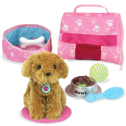 Plush Puppy Dog Carrier & 8 Interactive Accessories 18" Baby Dolls