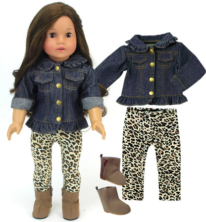 3 Piece Baby Dolls Clothes Set, 18" Doll Denim Jacket & Leggings Outfit & Boots