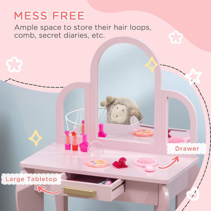 Kids Dressing Table and Stool w/ Mirror and Drawer, for Ages 3-6 Years - Pink