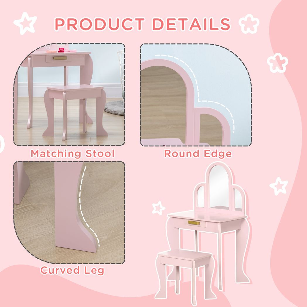 Kids Dressing Table and Stool w/ Mirror and Drawer, for Ages 3-6 Years - Pink