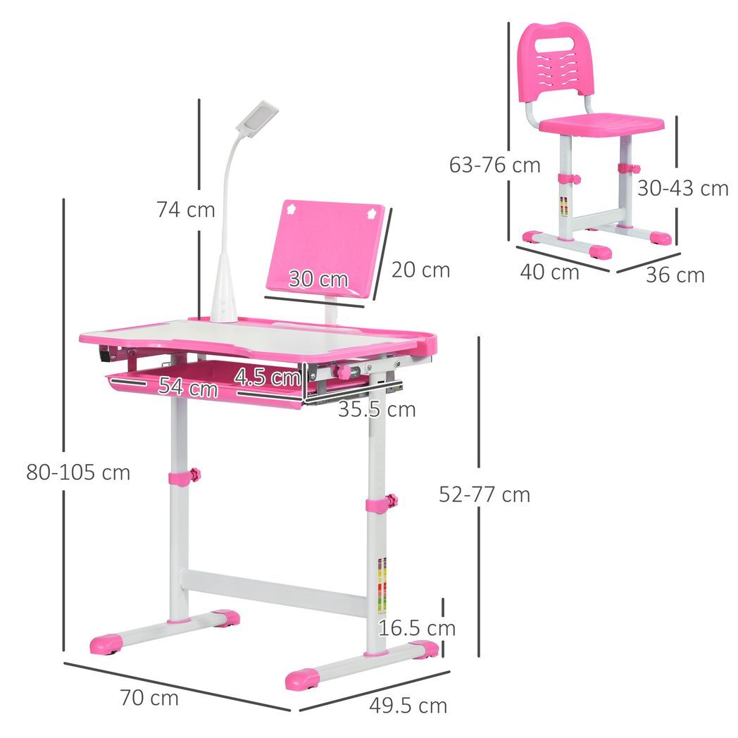 Kids Study Desk and Chair Set w/ Adjustable Height, Storage Drawer - Pink