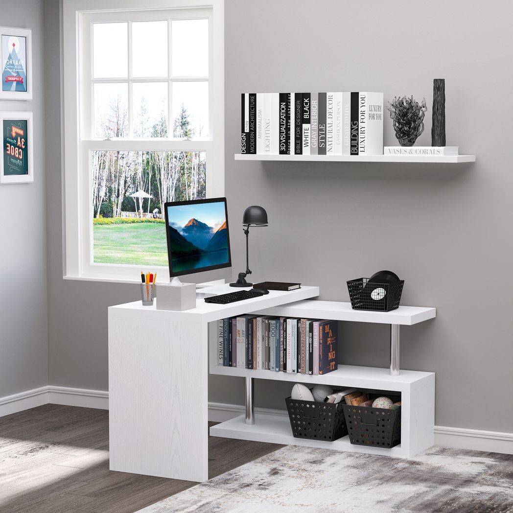 Modern Corner Rotating L-Shaped Office Table Computer Desk with Storage Shelf