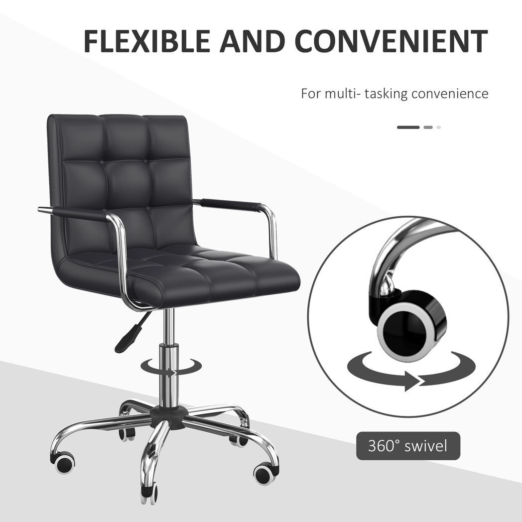 Mid Back PU Leather Home Office Chair Swivel Desk Chair with Arm, Wheel, Black