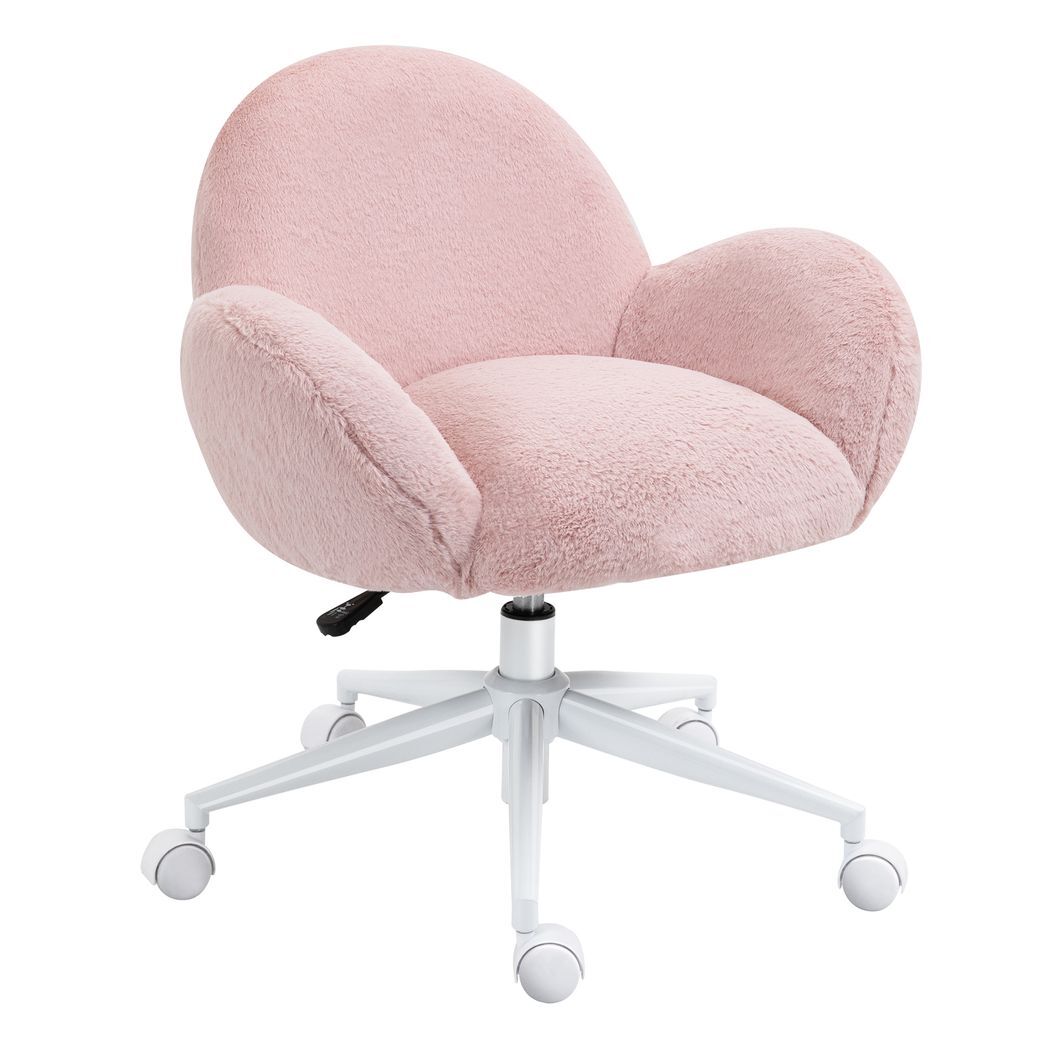 Fluffy Leisure Chair Office Chair w/ Backrest and Armrest for Bedroom Pink