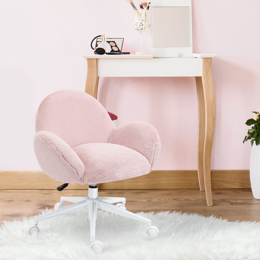 Fluffy Leisure Chair Office Chair w/ Backrest and Armrest for Bedroom Pink