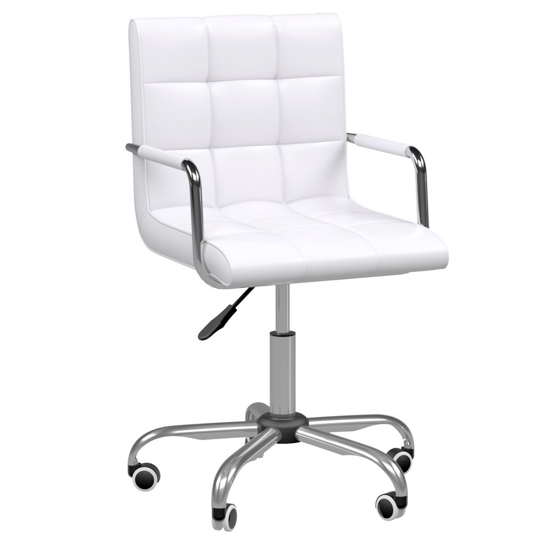 Mid Back PU Leather Home Office Chair Swivel Desk Chair with Arm, Wheel, White