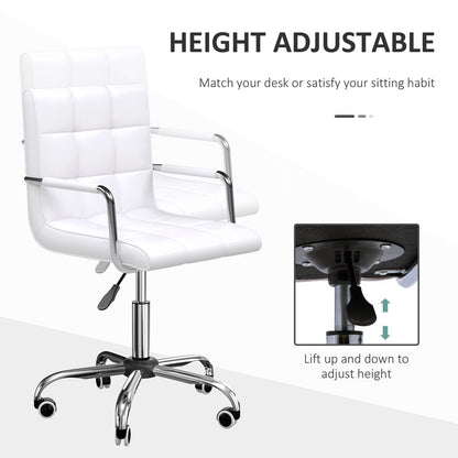 Mid Back PU Leather Home Office Chair Swivel Desk Chair with Arm, Wheel, White