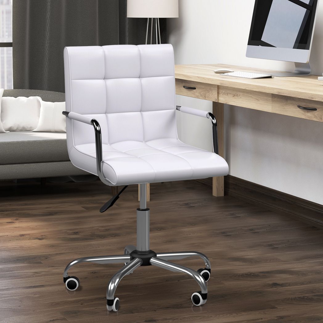 Mid Back PU Leather Home Office Chair Swivel Desk Chair with Arm, Wheel, White