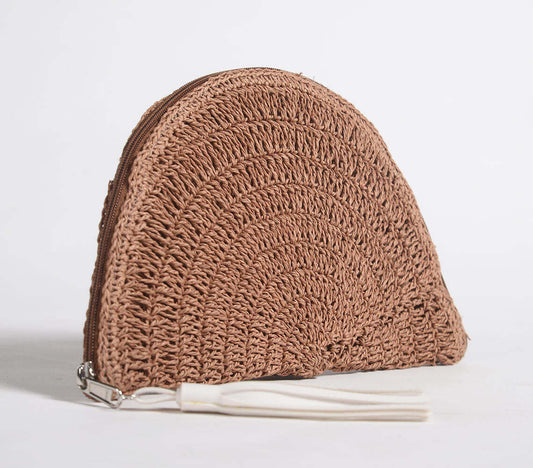 Woven Paper Raffia Half Moon Clutch