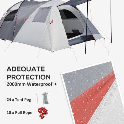 4-5 Man Outdoor Tunnel Tent, Two Room Camping Tent w/ Portable Mat