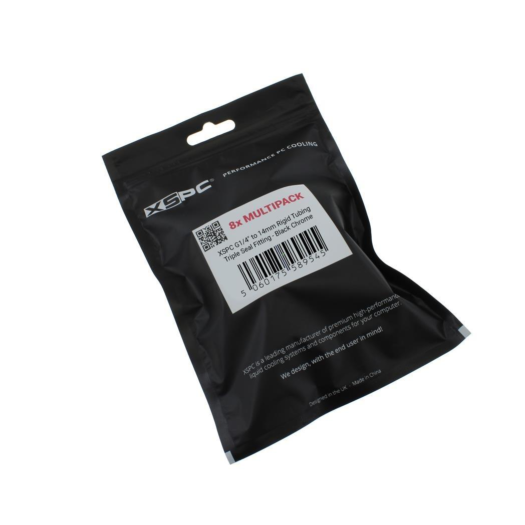 XSPC G1/4 to 14mm Rigid Tubing Triple Seal Fitting - Black Chrome (8 Pack)