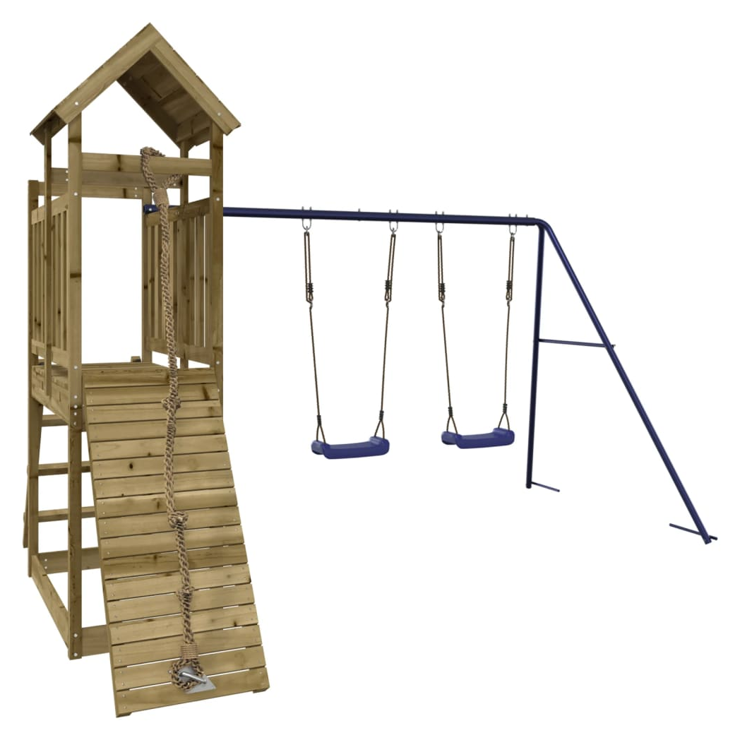 Playhouse with Swings Climbing Wall Impregnated Wood Pine