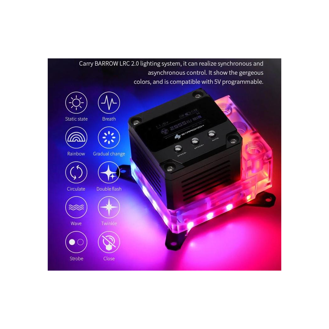 BarrowCH OLED CPU Waterblock, LRC 2.0 RGB, Integrated 17W PWM Pump - AMD AM4