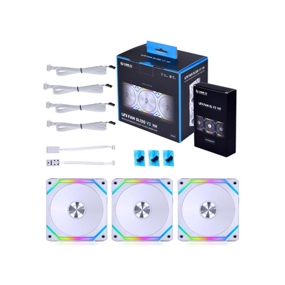 Lian Li UNI FAN SL120 V2 RGB PWM Fan, Triple-pack w/ Controller - 120mm, white
