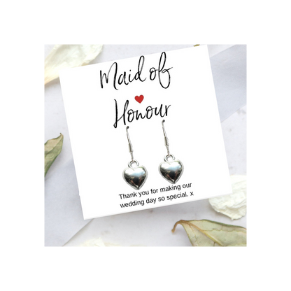 Maid of honour Heart Earrings & Thank You Card