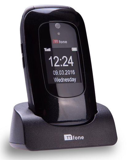 TTfone TT750 Lunar BLACK Flip Folding Dual Screen Big Button Mobile Phone with Dock Charger and Vodafone Sim Card