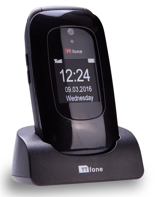 TTfone TT750 Lunar BLACK Flip Folding Dual Screen Big Button Mobile Phone with Dock Charger and Vodafone Sim Card