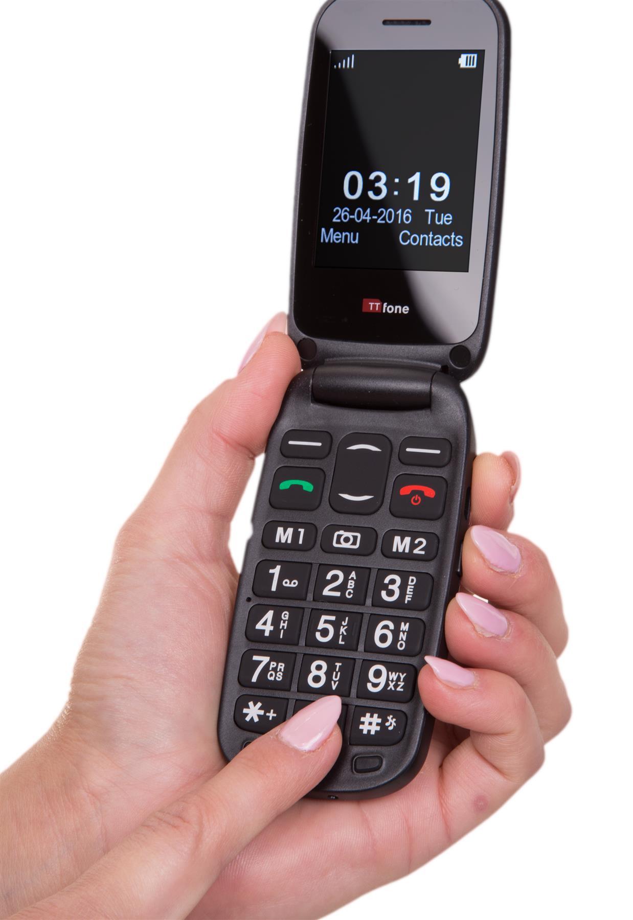 TTfone TT750 Lunar BLACK Flip Folding Dual Screen Big Button Mobile Phone with Dock Charger and Vodafone Sim Card