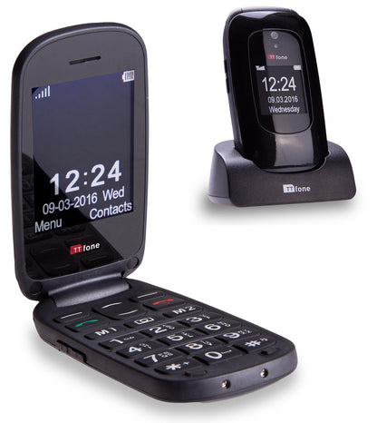 TTfone TT750 Lunar BLACK Flip Folding Dual Screen Big Button Mobile Phone with Dock Charger and Vodafone Sim Card
