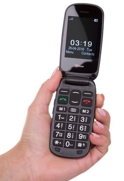 TTfone TT750 Lunar BLUE Flip Folding Dual Screen Big Button Mobile Phone with Dock Charger and Vodafone Sim Card