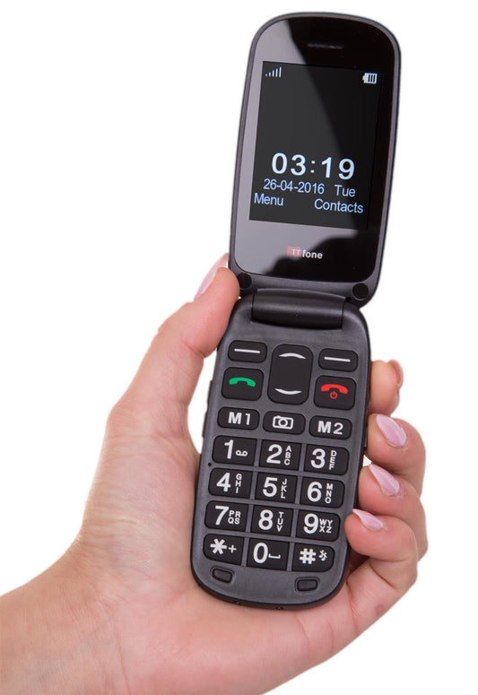 TTfone TT750 Lunar BLUE Flip Folding Dual Screen Big Button Mobile Phone with Dock Charger and Vodafone Sim Card