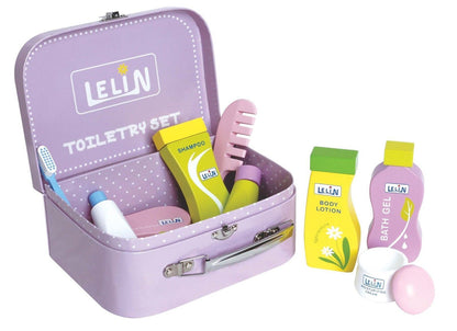 Lelin Wooden Toiletry Set Childrens Pretend Play Bathroom Travel Accessory Set