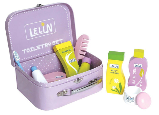 Lelin Wooden Toiletry Set Childrens Pretend Play Bathroom Travel Accessory Set