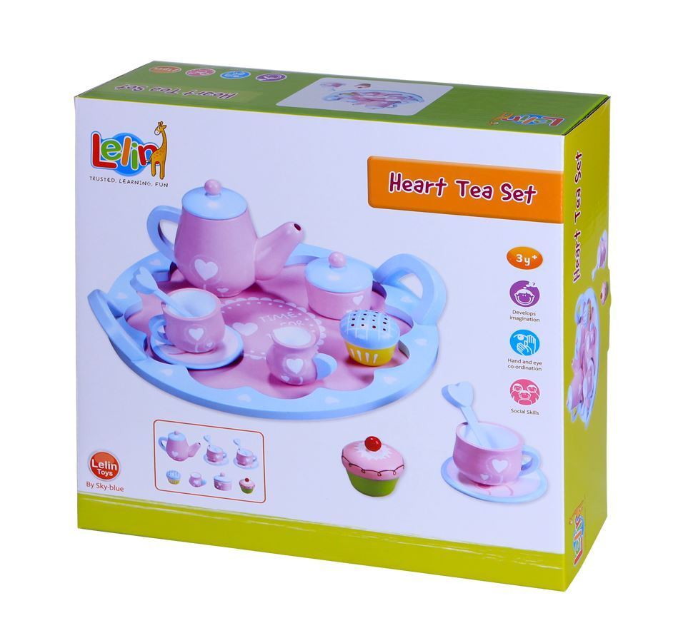 Lelin 13 PCS Wooden Heart Shaped Tea Set Pretend Play Role Play Toy for Children