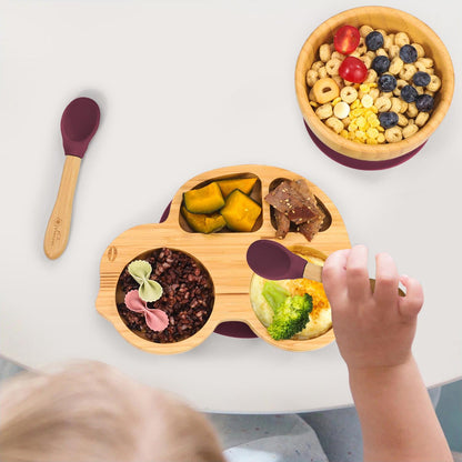 Bamboo Car Plate Bowl & Spoon Set Suction Bowl Stay-Put Design for Kids - RED
