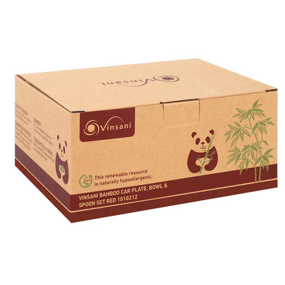 Bamboo Car Plate Bowl & Spoon Set Suction Bowl Stay-Put Design for Kids - RED