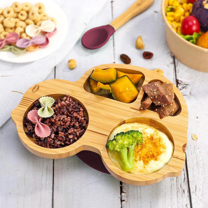 Bamboo Car Plate Bowl & Spoon Set Suction Bowl Stay-Put Design for Kids - RED