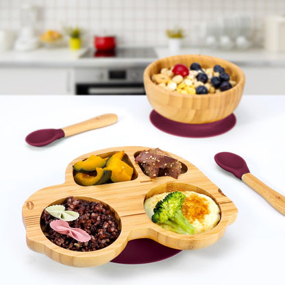 Bamboo Car Plate Bowl & Spoon Set Suction Bowl Stay-Put Design for Kids - RED