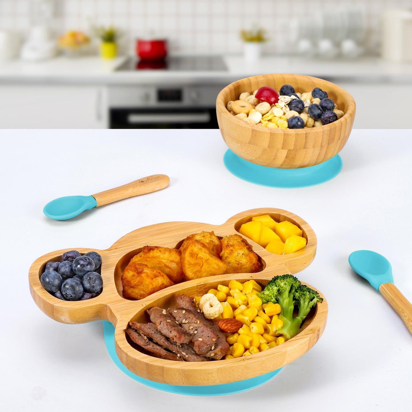 Bamboo Monkey Plate Bowl & Spoon Set Suction Bowls Stay-Put Design - BLUE