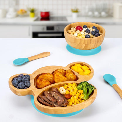 Bamboo Monkey Plate Bowl & Spoon Set Suction Bowls Stay-Put Design - BLUE